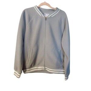 Champion Gray Sherpa Fuzzy Zip Up Women’s Size Medium Bomber Jacket Varsity